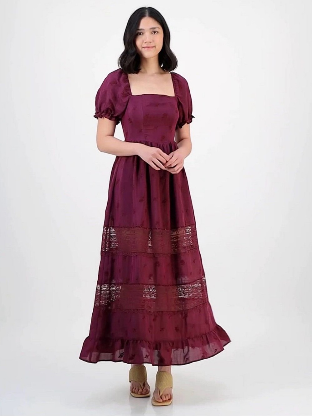 NWT Square-Neck Puff-Sleeve Maxi Dress in Deep Wine